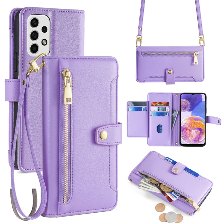 Estuche de Cuero Samsung Galaxy A23 con Billetera, Cremallera y Textura de Oveja (Púrpura)