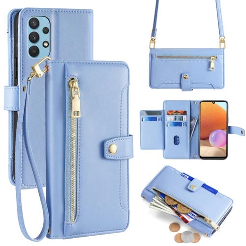 Funda de Cuero Samsung Galaxy A32 4G Lite con Billetera y Cremallera Cuerpo Cruzado Textura de Oveja (Azul)