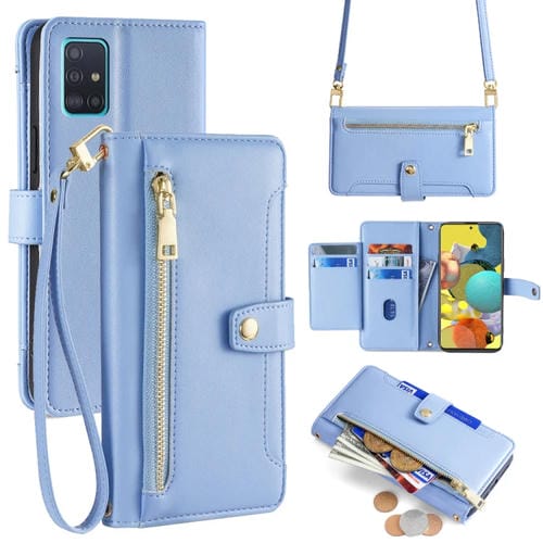 Funda para Samsung Galaxy A51 5G Lite Cuero Billetera Cremallera Cuerpo Cruzado Textura Oveja (Azul)
