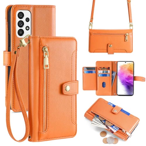 Funda para teléfono Samsung Galaxy A73 5G cuero con billetera cremallera cuerpo cruzado textura de oveja (Naranja)