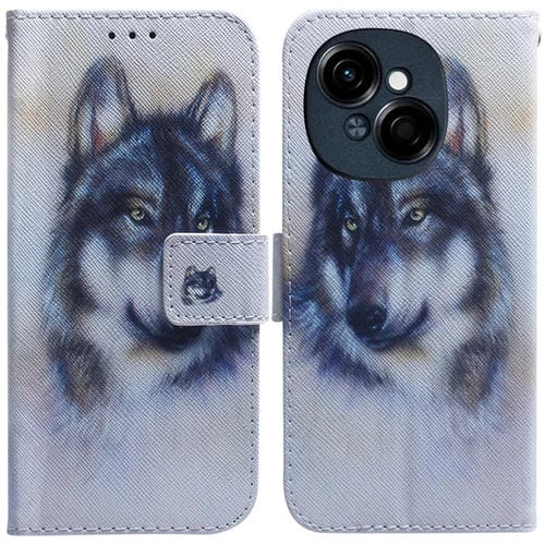 Funda de Cuero con Tapa para Tecno Spark Go 1 y Pop 9 Pro con Dibujo Colorido (Lobo Blanco)