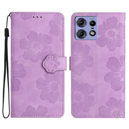 Funda de Cuero con Estampado de Flores en Relieve para Motorola Edge 50 Pro (Morado)