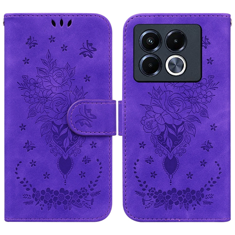 Funda de Cuero con Relieve Mariposa y Rosa para Infinix Note 40 5G (Morado)