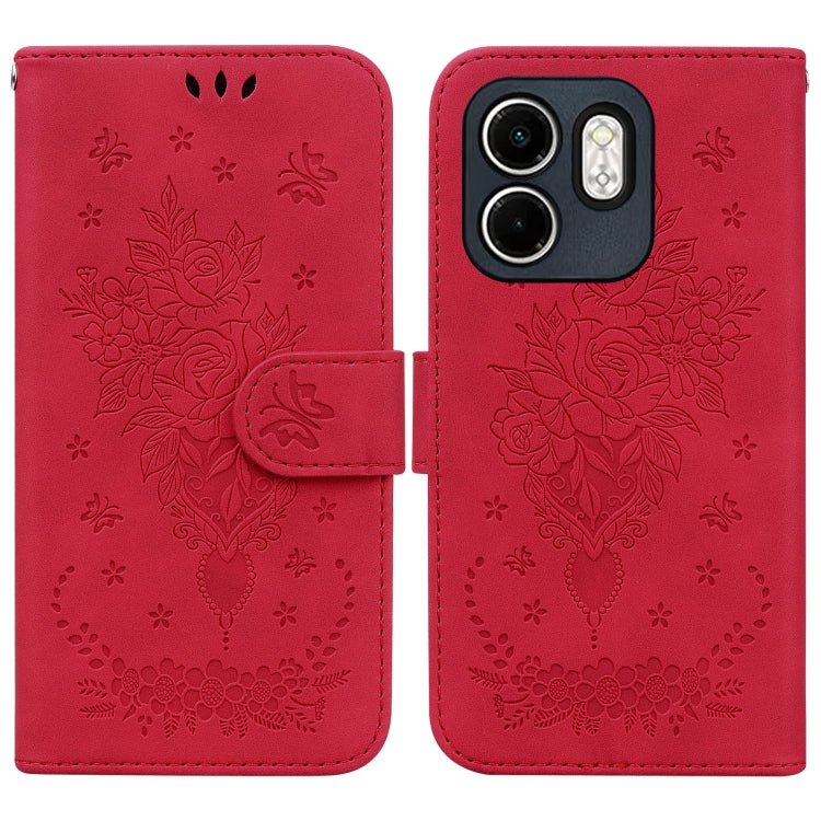 Funda de Cuero con Relieve Mariposa y Rosa para Infinix Hot 50I Smart 9 (Rojo)