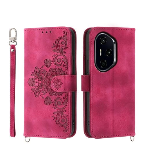 Funda de Cuero con Relieve de Flores para Honor 300 Pro/300 Ultra (Rojo Vino)