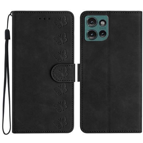 Funda de Cuero con Relieve Siete Mariposas para Motorola Edge 50 5G (Negra)