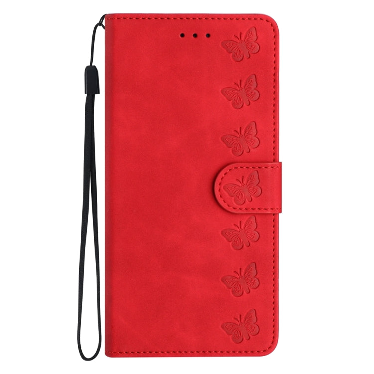 Caja de teléfono de cuero Samsung Galaxy A22 5G Seven Butterflies en relieve (Rojo)