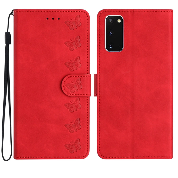 Caja de teléfono de cuero para Samsung Galaxy S20 Seven Butterflies en relieve (Rojo)