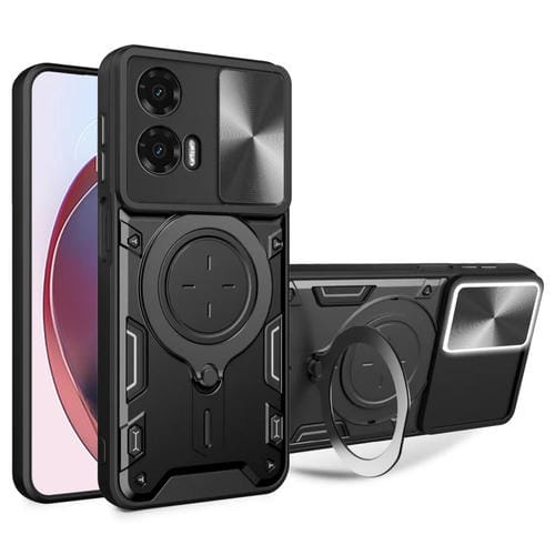 Funda para Teléfono Motorola Moto G35 con Soporte Magnético Deslizante y Textura de Cd (Negro)