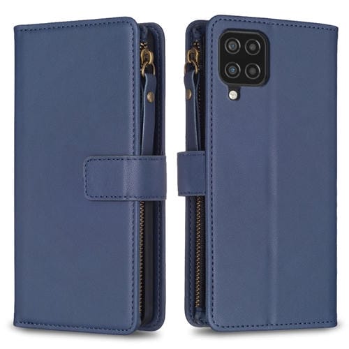 Para Samsung Galaxy A12 9 Ranuras para tarjetas Cremallera Cartera Funda de cuero con tapa para teléfono (Azul)