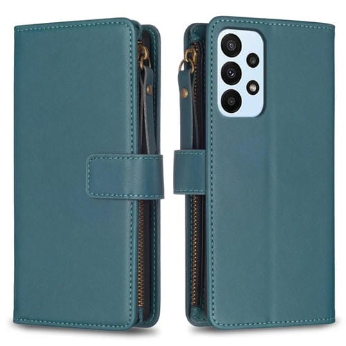 Para Samsung Galaxy A23 4G 9 Ranuras para tarjetas Cremallera Cartera Funda de cuero con tapa para teléfono (Verde)