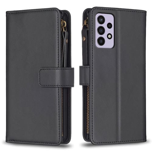 Para Samsung Galaxy A72 9 Ranuras para tarjetas Cremallera Cartera Funda de cuero con tapa para teléfono (Negro)