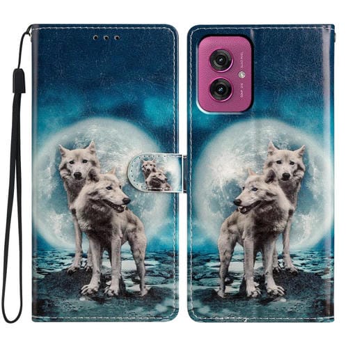 Funda de Cuero con Dibujo a Color para Motorola Moto G55 (Twin Wolves)