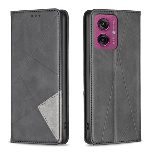 Funda de Cuero Magnética con Textura de Rombos para Motorola Moto G55 (Negra)