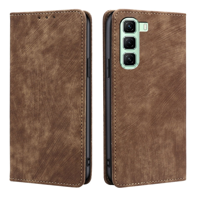 Funda de Cuero Magnética con Cepillo Antirrobo RFID para Infinix Hot 50 5G (Marrón)