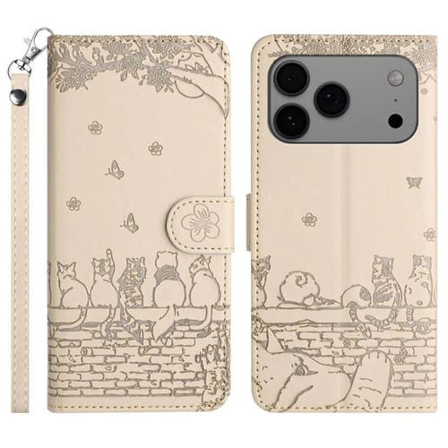 Funda de piel con estampado de gato y cordón para iPhone 17 Pro Max (beige)