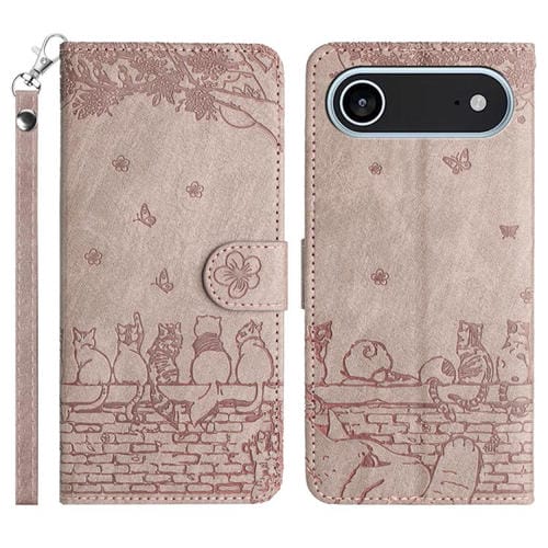 Funda de piel con estampado de gato en relieve para iPhone 17 Air con cordón (gris)