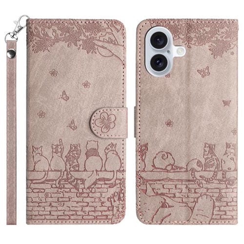 Funda de piel con estampado de gato y cordón para iPhone 17 (gris)