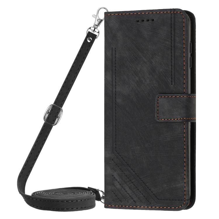 Funda de Cuero con Estampado de Rayas y Cordón para Realme 14 Pro (Negro)