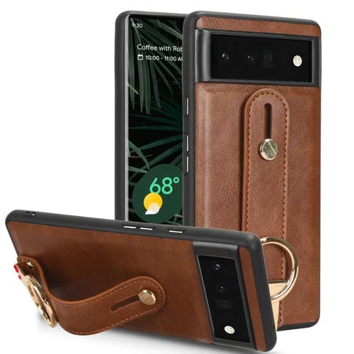 Funda Trasera de Cuero para Google Pixel 6 Pro con Muñequera (Marrón)