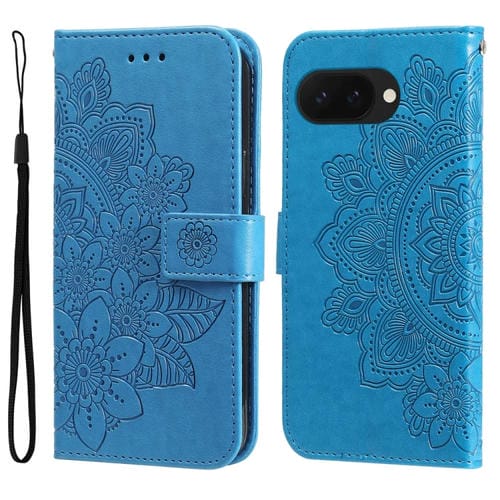 Funda de Cuero con Relieve de Flores de Siete Pétalos para Google Pixel 9A (Azul)