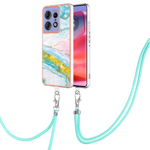 Funda para Teléfono Motorola Edge 50 Pro con Imd Doble Cara y Revestimiento Mármol Galvanizado con Cordón (Verde)