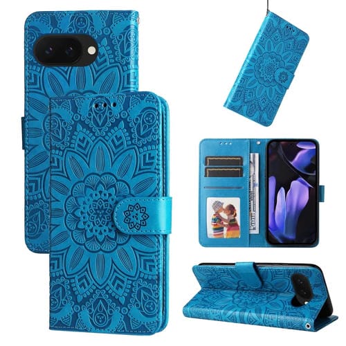 Funda de Piel con Estampado de Girasoles en Relieve para Google Pixel 9A (Azul)