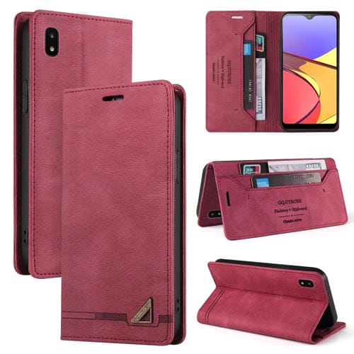 Funda de Cuero Samsung Galaxy A20 A21 Versión Jp con Tapa Horizontal Cepillo Antirrobo Soporte (Rojo Vino)