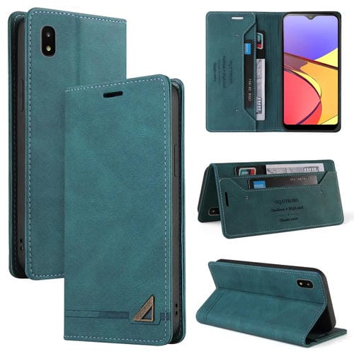 Funda de Cuero Samsung Galaxy A20 A21 Versión Jp Skin Feel Tapa Horizontal Cepillo Antirrobo Soporte (Azul)