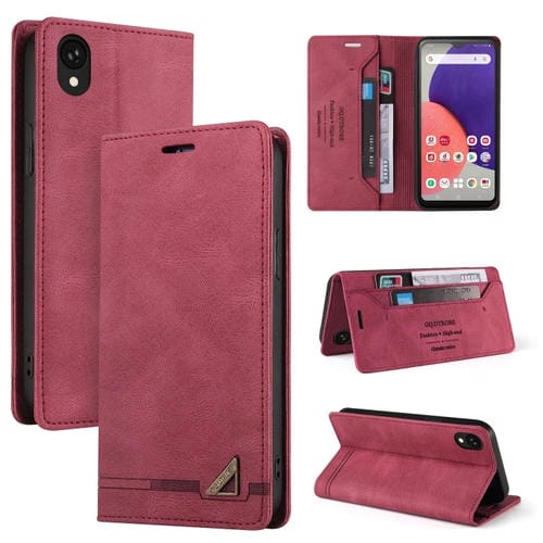 Funda de Cuero Samsung Galaxy A22 5G Versión Jp con Tapa Horizontal Cepillo Antirrobo y Soporte (Rojo Vino)