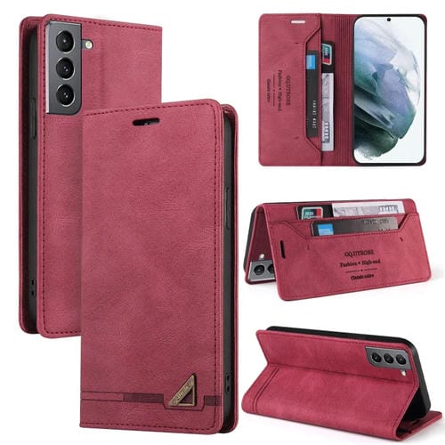 Funda de Cuero Samsung Galaxy S21 5G Skin Feel con Tapa Horizontal Cepillo Antirrobo Soporte (Rojo Vino)
