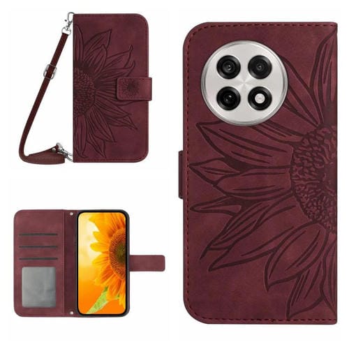 Funda de Piel con Relieve de Girasol para OnePlus 13R (Rojo Vino) Tacto Suave