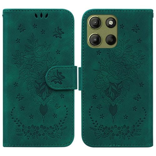 Funda de Cuero Motorola Moto G15 con Relieve Mariposa y Rosa (Verde)