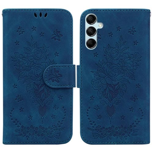 Funda para Teléfono Samsung Galaxy A15 Cuero Relieve Mariposa y Rosa (Azul)