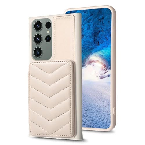 Para Samsung Galaxy S23 Ultra 5G BF26 Wave Pattern Card Bag Holder Phone Case (Beige)