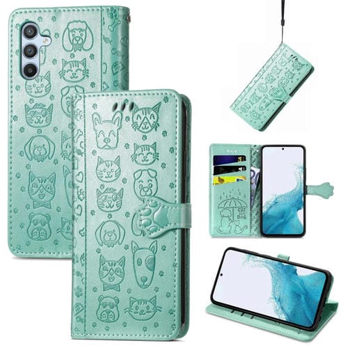 Para Samsung Galaxy A54 5G Cat and Dog Estuche de cuero en relieve para teléfono (verde)