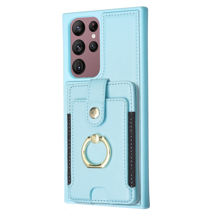Para Samsung Galaxy S22 Ultra 5G BF27 Anillo de metal Tarjeta Bolsa Titular Caja del teléfono (Azul)