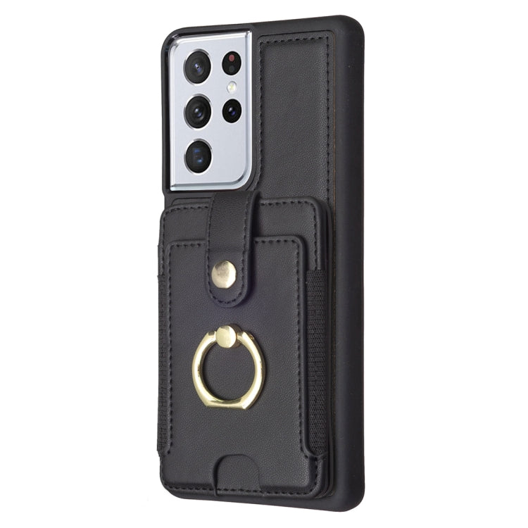 Para Samsung Galaxy S21 Ultra 5G BF27 Anillo de metal Tarjeta Bolsa Titular Caja del teléfono (Negro)
