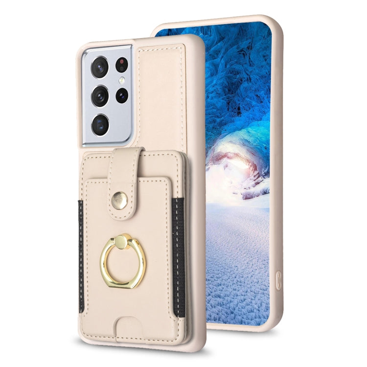 Para Samsung Galaxy S21 Ultra 5G BF27 Anillo de metal Tarjeta Bolsa Titular Caja del teléfono (Beige)