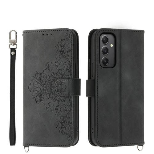 Funda para Teléfono Samsung Galaxy A35 Cuero con Billetera en Relieve y Flores (Negro)