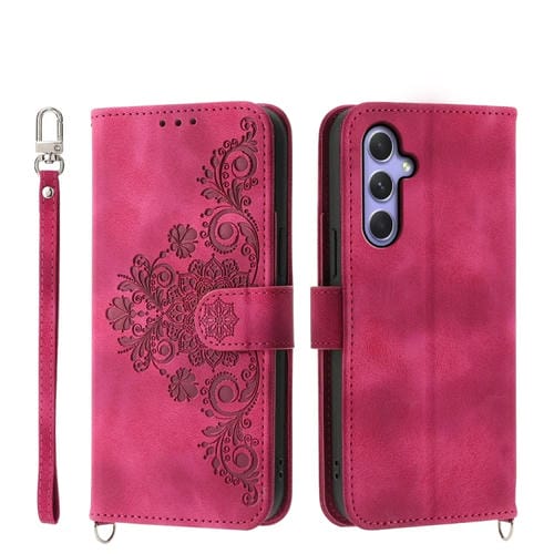 Funda para Teléfono Samsung Galaxy A55 Cuero con Billetera En Relieve y Flores (Rojo Vino)