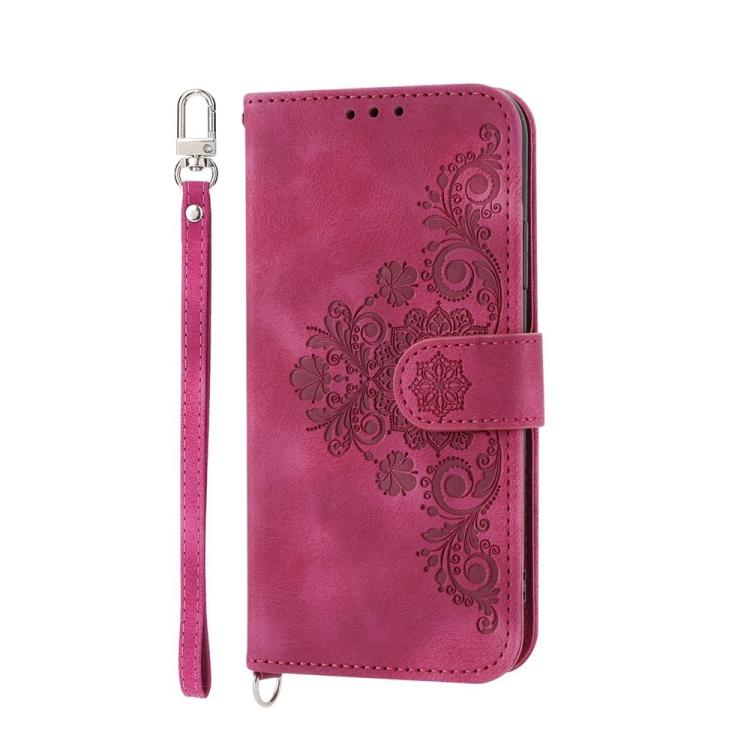 Funda de Cuero con Relieve de Flores para OnePlus 13R/Ace 5/Ace 5 Pro (Rojo Vino)