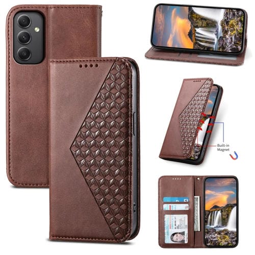 Funda para Teléfono Samsung Galaxy A35 Cuero Magnético Textura de Becerro Rejilla Cúbica (Marrón)