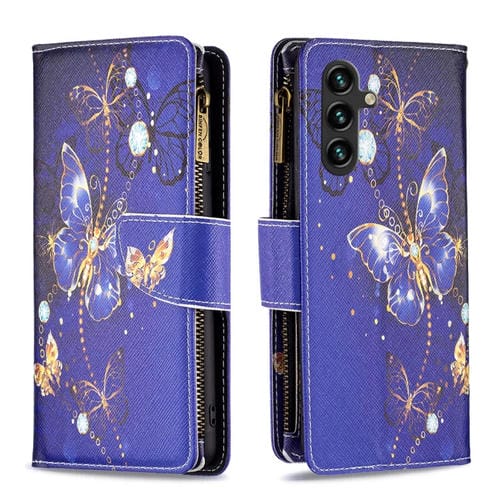 Funda para Samsung Galaxy A35 Cuero con Cremallera y Dibujo Mariposa (Púrpura)