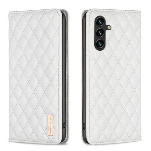 Funda para Teléfono Samsung Galaxy A35 Diamond Lattice con Tapa de Cuero Magnético (Blanco)