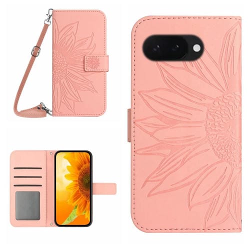 Funda de Cuero con Tapa y Cordón para Google Pixel 9A con Diseño de Girasol En Relieve (Rosa)