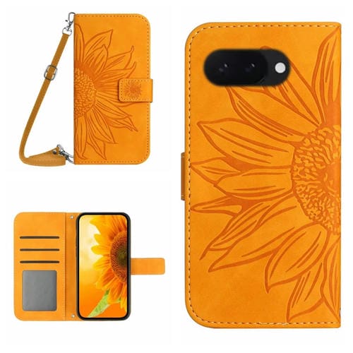 Funda de Cuero con Tapa y Cordón para Google Pixel 9A con Diseño de Girasol en Relieve (Amarillo)