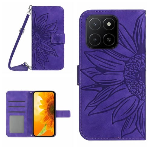 Funda de Cuero Honor X5B 4G y X5B Plus 4G con Diseño Girasol y Cordón (Morado Oscuro)