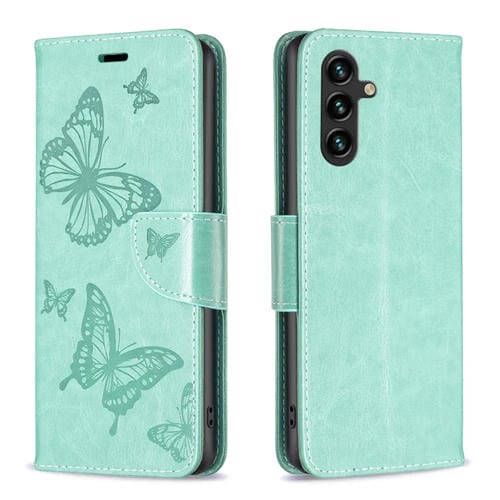 Funda para Samsung Galaxy A55 Cuero Patrón Dos Mariposas en Relieve (Verde)