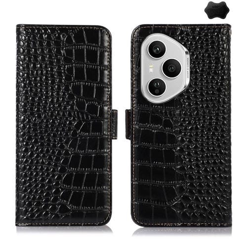 Funda de piel de vacuno con capa superior de cocodrilo para Honor 400 Pro Global (160,8 mm) (negra)